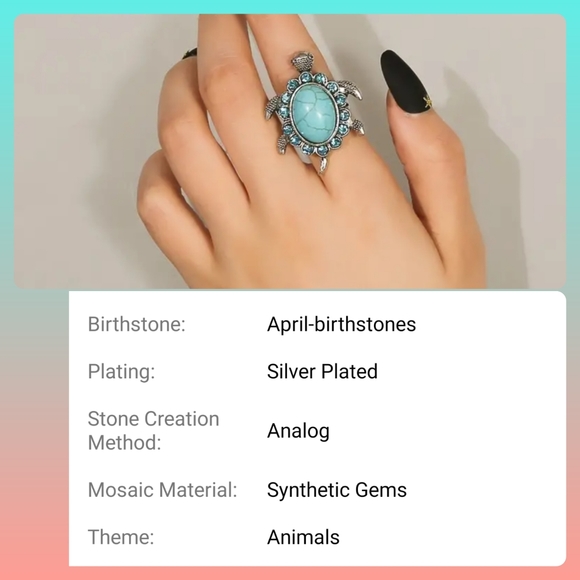 Stunning Turquoise Turtle Ring Handcrafted Silver Plated w rhinestones - Picture 4 of 6